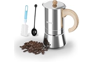 UPOHYEE Espressokocher Induktion Herde Geeignet Holzgrabstraße 6 Tassen 300ml Espressomaschine aus 304+430 Edelstahl, Mokkakanne für Espresso Kaffee Mit Dosierlöffel und Schwammbürste