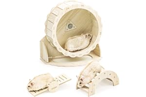 Episkey Hamster Wheel 19cm, Wooden Silent Exercise Wheel with Bridge and Seesaw, Pet Sport Exercise Toys Hamster Cage Accessories for Dwarf Hamsters Gerbils Rat Small Animal