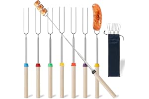 BAIEYE 8 Pezzi Spiedini Acciaio,Spiedini per Barbecue Retrattili,Riutilizzabile Bastoncini per Arrostire Marshmallow,Lunghezza Massima 81 cm,per BBQ,Campeggio,Falò