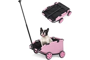 AESRAOU Mini Dog Strollers for Mini Pets, Foldable Multifunctional Shopping Carts with Extendable Pull Handle, Doggie Wagon Built-in Cushion and Safety Rope with Storage Bag (Pink)