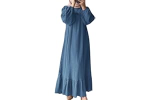 Bluelucon Damen Drucken Kleid Muslimisches,Islamisches kleidung kostüm Retro-Kleid Langarm Rock einfarbigem Rüschensaum abaya für Ramadan,Party,Lässig,Abend