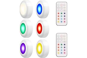 LEDGLE 6 Pack Under Cupboard Lights Battery Powered Under Cabinet Stick on Wardrobe Lights, RGB Puck Lights,16 Colors Brightness Dimmable 3W 50lm Wireless Stair Kitchen Lights with Remote Control