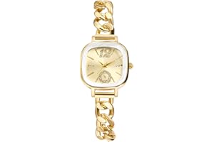 JewelryWe Zegarek damski mały kwadratowy zegarek: brokatowa cyrkonia analogowy kwarcowy zegarek na rękę damski złoty kubański pasek zegarek z wąskim łańcuszkiem pancerka metalowa bransoletka i