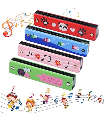 4 morceaux d'harmonica pour enfants, harmonica de dessin animé en bois, harmonica à double rangée de 16 trous, avec 4 sacs de rangement (12 * 15cm), adulte, enfant harmonica(motif aléatoire 4 morceaux d'harmonica pour enfants, harmonica de dessin animé en bois, harmonica à double rangée de 16 trous, avec 4 sacs de rangement (12 * 15cm), adulte, enfant harmonica(motif aléatoire