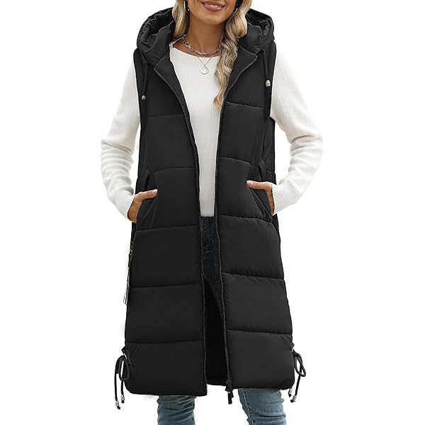 Gilet Long Femme Matelassé Capuche Hiver Chaud Doudoune Sans Manches Femme Longue Matelassée - Capuche Zippée - Chaud Léger Automne Hiver - 100% Polyester Gilet Long Femme Matelassé Capuche Tuopuda