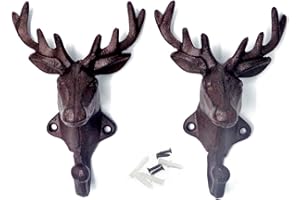 E-ISATA ISOTO 2pcs Deer Head Shaped Wall Hooks Cast Iron Decorative Rustic Single Hanger Animal Heavy Duty for Coats Bags Towels key and More Home Farmhouse Decor Gift Vintage Design Wall Mounted (Rust)
