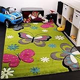 Kids Carpet With Butterfly Design Childrens Room Rug Green Cream Red Pink, Size:120x170 cm