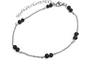 AH! JEWELLERY HH Jewellery Black Lava Bead Anklet Slim Stainless Steel Chain with 4mm Stone Beads - Adjustable Size : 9-11 inches