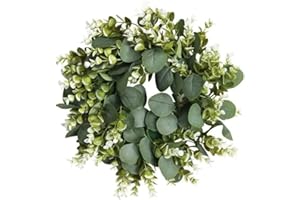 HAOSHICS HAOSHCIS Artificial Eucalyptus Wreath with Flowers Faux Green Leaves Eucalyptus Wreath for Front Door Wall Festival Celebration Fireplace Window Party Decor (A)