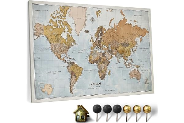 Carte du monde en toile avec tableau d'affichage en liège - Labels en Français - Décoration murale décorative pour toutes les pièces - Tableaux sur toile (120x80 cm, Motif 14 French)