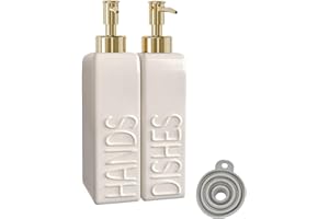 Karisky Soap Dispenser Set with Gold Rustproof Stainless Steel Pump, 2 Pack Ceramic Refillable Dish Soap and Hand Soap Dispenser for Kitchen, Bathroom, Matte White