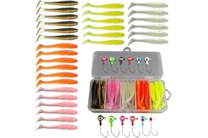 CLKE 36 Pcs Fishing Lures and Hooks Kit, 30 Soft Plastic Lures, 6 Jig Heads for Bass, Crappie, Trout, Perch, Artificial Soft Plastic Lures for Freshwater & Saltwater Fishing