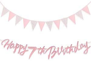 Zi Lan 7th Birthday Party Decorations Glitter Rose Gold Birthday Banner and Triangle Flag Banner for Girls Baby Showers Decorations Supplies