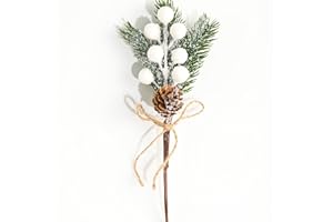 Fangoo 12 Stück 20cm Künstliche Tannenzweige mit Weiß Beeren und natürlichen Tannenzapfen Weihnachten Dekorationen für Tischdeko Weihnachten DIY Bastelgeschenk Kränze Urlaubsdekoration