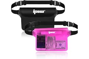 IPOW 2PCS Pochette Étanche à Ceinture Certifiée IPX8 Sangle Ajustable 3 Zipper Plastique Housse à Ceinture/Etui Imperméable/Sac pour Nautique,Pêche,Kayak,Baignade,Protection Téléphone/Argents/Cartes