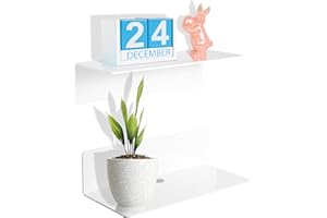 MAGOSIS Floating Shelves for Wall - No Drill White Shelving Units for Bedroom, Living Room, Bathroom and Kitchen, Self Adhesive Wall Mounted Shelf, Stick On Acrylic Shelfs - 2 Sets