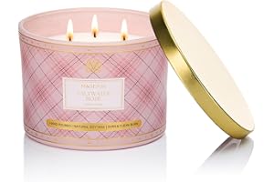 ‎M&SENSE M&SENSE Świeca zapachowa duża róża słonowodna, świeca zapachowa w słoiku z 3 knotami, 330 g, naturalna świeca sojowa, czas palenia 65 godzin, wzór w kratkę, prezent