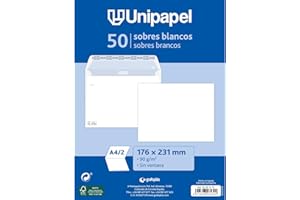 Unipapel - Pack 50 Sobres Papel 90g Blancos, 176x231mm, Cierre Recto con Tira Autoadhesiva Silicona Autodesk, Fácil Apertura, Certificado FSC, Perfecto para Cartas a4 Plegadas en 2 o a5 Completa