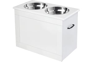 PawHut Gamelles Chiens surélevées gamelle Double Chien Chat Porte-gamelles surélevé dim. 60L x 30l x 41H cm 2 gamelles 2L poignées Coffre Bois Blanc