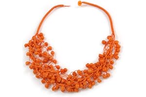 Avalaya Multistrand Small Ceramic Bead Cotton Cord Necklace in Orange Colours - 58cm Long