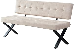 ‎B&D HOME B&D home® Sitzbank Karen 160cm – gepolsterte Esszimmerbank mit Rückenlehne, X-Metallgestell schwarz, Webstoff/Microfaser in Grau, modern Industrial Design für Esszimmer, Küche & Flur