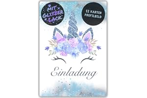 ‎CELEBR8TE celebr8te 12x Einhorn Glitzer Einladungskarten in blau - Für den Kindergeburtstag von Mädchen - Einhorn Geburtstagseinladungen inkl. Messenger Bild & Urlaubsgutschein