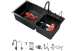 BIGYOUZI Fregadero cocina 2 seno Fregadero de acero inoxidable Lavabo con Grifo extraíble y accesorios para dispensador de jabón y fregadero. (82 * 45CM, Negro)