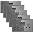 CNBINGO Double Switched Socket with 20W PD USB C and A Fast Charging Ports, Electric Power Sockets 2 Gang 13 Amp, Wall Outlet Grey Tempered Glass Panel, 5 Pack