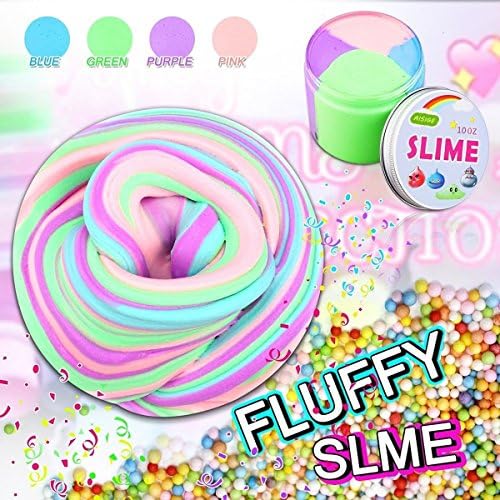 Fluffy Slime - Soft Fluffy Floam Slime with Beads 10 OZ Slime Jumbo Slime 4 Colors Stress Relief Toy for Kids &amp; Adults With 4 Colors (Blue Pink Green Purple)