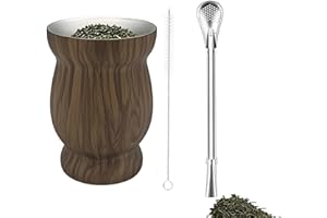 LJYING Stainless Steel Yerba Mate Cup 8oz - Double-Wall Gourd Design with Straw Spoon & Cleaning Brush, Yerba Mate Set for Mate Tea and Coffee (Wood Grain)