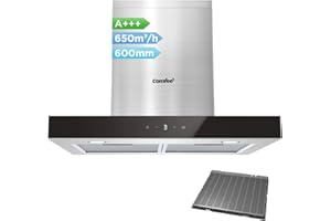 COMFEE' Cappa Aspirante 60 cm Classe A+++ TSHM77SS-60 650m³/h Acciaio Inossidabile Cappa Cucina con LED, Sistema di Ricircolo e Canalizzazione e Ciltri a Carbone