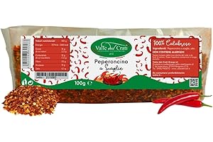 VALLE DEL CRATI ECCELLENZE GASTRONOMICHE DAL 1998 Valle del Crati Peperoncino a Scaglie | 100% Calabrese | Peperoncino Piccante Spezia per Carne Pasta Pizza Condimenti | 100 Grammi