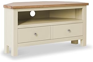 RoselandFurniture Farrow Cream Corner TV Stand Unit 90 cm Painted Solid Wood Light Oak Top Television Cabinet Suitable for TVs up to 40 inches for Living Room or Bedroom | Fully Assembled
