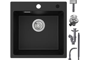 CECIPA 45x45cm Spülbecken Schwarz Granit, Spüle Schwarz, Küchenspüle Rechteckig, Spülbecken Küche, Moderne Einbauspüle Granit, Waschbecken Küche, Einzelbecken mit 2 HahnLöcher