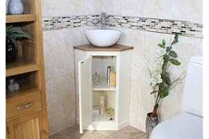 BATHROOMS & MORE STORE Cloakroom Corner Bathroom Vanity | White Unit Oak Top Ceramic Basin (Bowl D)