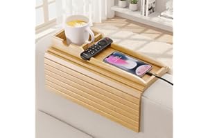 Hazzas Bamboo Couch Armrest Table, Sofa Arm Tray with Detachable Couch Cup Holder - 2 in 1 Anti-Slip Foldable Sofa Armchair Caddy Table - Cup Holder for Drinks Cellphone TV Remote Snacks