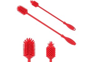QiCheng&LYS Bottle Brush Silicone Cleaning Brushes, Silicone Bottle Scrubber with Long Handle, 12.8in and 9.3in 2pack,Suitable for Feeding Bottles, Kettles, blenders (red)