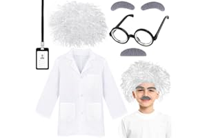 Kavoc 5 PCS Kids Mad Scientist Costume Include Lab Coat Wig ID Card Nerd Glasses and Mustaches for Science Week Dress Up