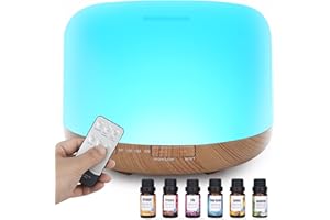 TENEVEAMO 500ML Difusor de Aceites Esenciales, Humidificador Ultrasónico Sin BPA con Control Remoto y 6 * 10ml Aceites Esenciales - Apagado Automático Sin Agua,Amarillo