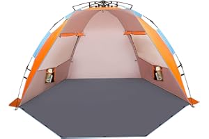 Oileus X-Large 4 Person Beach Tent Sun Shelter - Portable Sun Shade Instant Tent for Beach with Carrying Bag, Stakes, 6 Sand Pockets, Anti UV for Fishing Hiking Camping, Waterproof Windproof, Orange