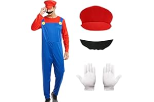 Formemory Déguisement Mario et Luigi pour Enfant Adulte, Costume de Mario Déguisement Luigi Classique avec Chapeau Moustache Gants Combinaison, Déguisements Mario pour Carnaval Halloween