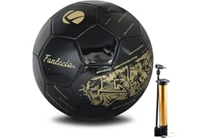 Fantecia Ballon de football taille 5, en cuir synthétique, intérieur/extérieur, pour jeunes et adultes, noir avec imprimé doré