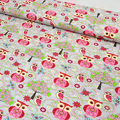 Jersey-Stoff „Indie Eule“ bunt / Kinder-Baumwoll-Jersey / Beste Öko-Tex Qualität / Meterware ab 50cm / UX-10-5 (01. Rot Pink Grün auf Grau) - 3