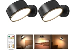 GOVSSING Applique Murale Intérieure Sans Fil et Sans Percer, Lot de 2 Lampe Murale Sans Fil Rechargeable Batterie 5000mAh, Lampe de Chevet Murale Rotation à 360° avec Télécommande et Tactile, 3 Modes de Couleu