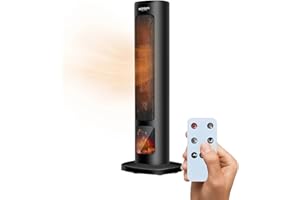 Wintem Stufa Termoventilatore Elettrico a Torre 800/2000W con Display Effetto Camino e Telecomando 60cm - Ideale per un Riscaldamento in Sicurezza Grazie alla Funzione di Spegnimento Automatico