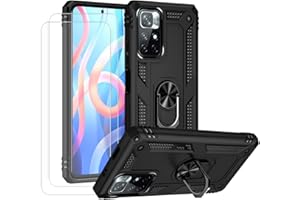 JOYTAG Hülle für Xiaomi Poco M4 Pro 5G Hülle，handyHülle+ Gehärtetes Glas Schutzfolie [2 Stück] Silikon TPU 360 Grad Drehring aus Halter magnetisch Autotelefon case-Schwarz