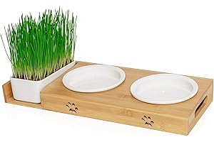 Pfotenolymp® Station d'Alimentation pour Chats - Gamelle en Céramique Surélevée avec Herbe à Chat - Mangeoire en Bambou