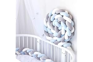 RZYW Braided Cot Bumper,Braided Pillows Knotted,Cot Bumpers for Cot Bed, Anti-Collision Head Crib Bumper,Cotton Soft Knot Pillow Baby Bed Cushion All Round Braided Protector,White+blue+gray,2.5m