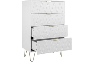 UEV Cassettiera Bianca con 4 Cassetti, Comò Camera da Letto in Legno Ingegnerizzato, Maniglie e Gambe Dorate, Mobile per Soggiorno, 34P x 60l x 91H cm, Bianco