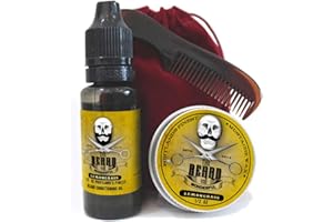 THE BEARD AND THE WONDERFUL Beard Grooming Kit for Men - 15ml Moustache Wax, Beard Oil & Pocket Sized Mens Comb in Velvet Drawstring Bag - Mens Grooming Set with Lemongrass Scent